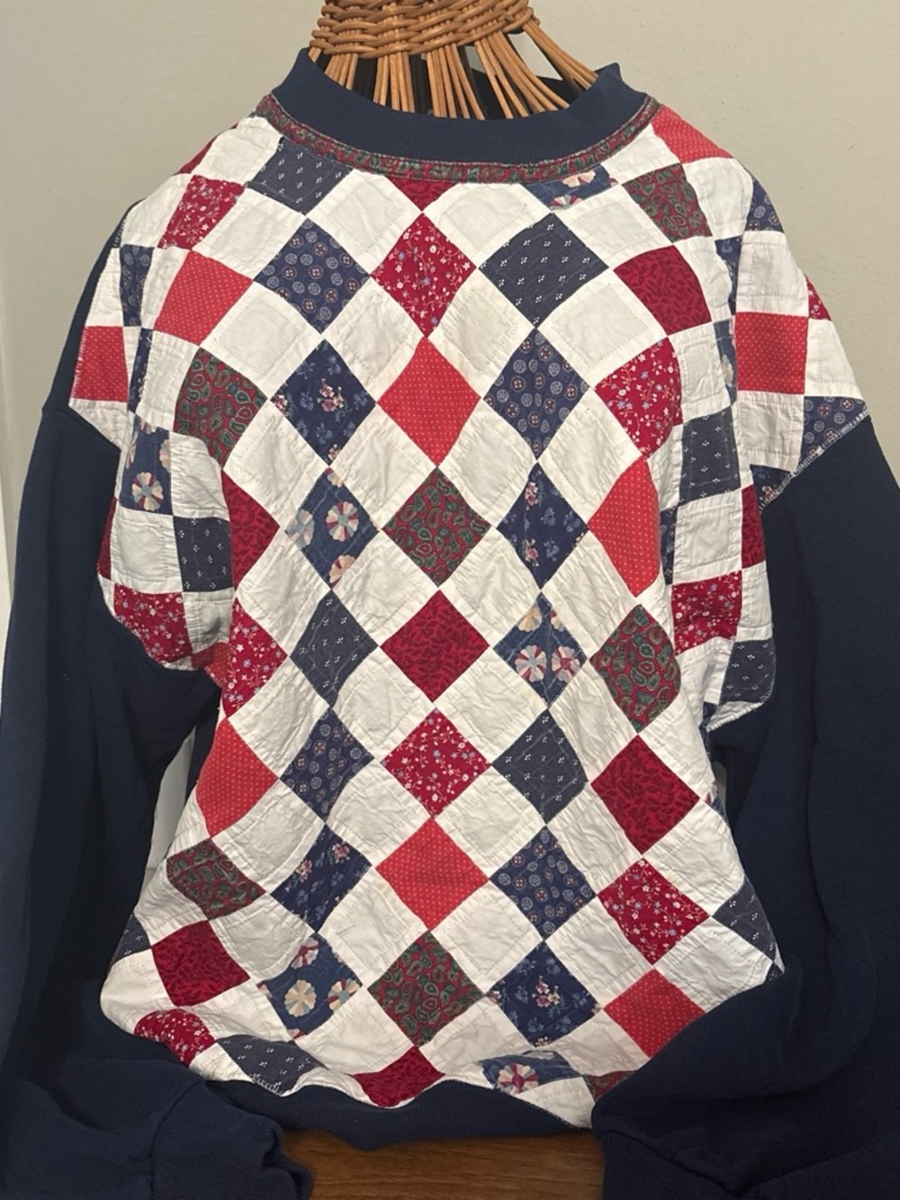 Quilt-Panel Cottage Core Handlade  Navy Pullover Sweatshirt Red, White & Blue